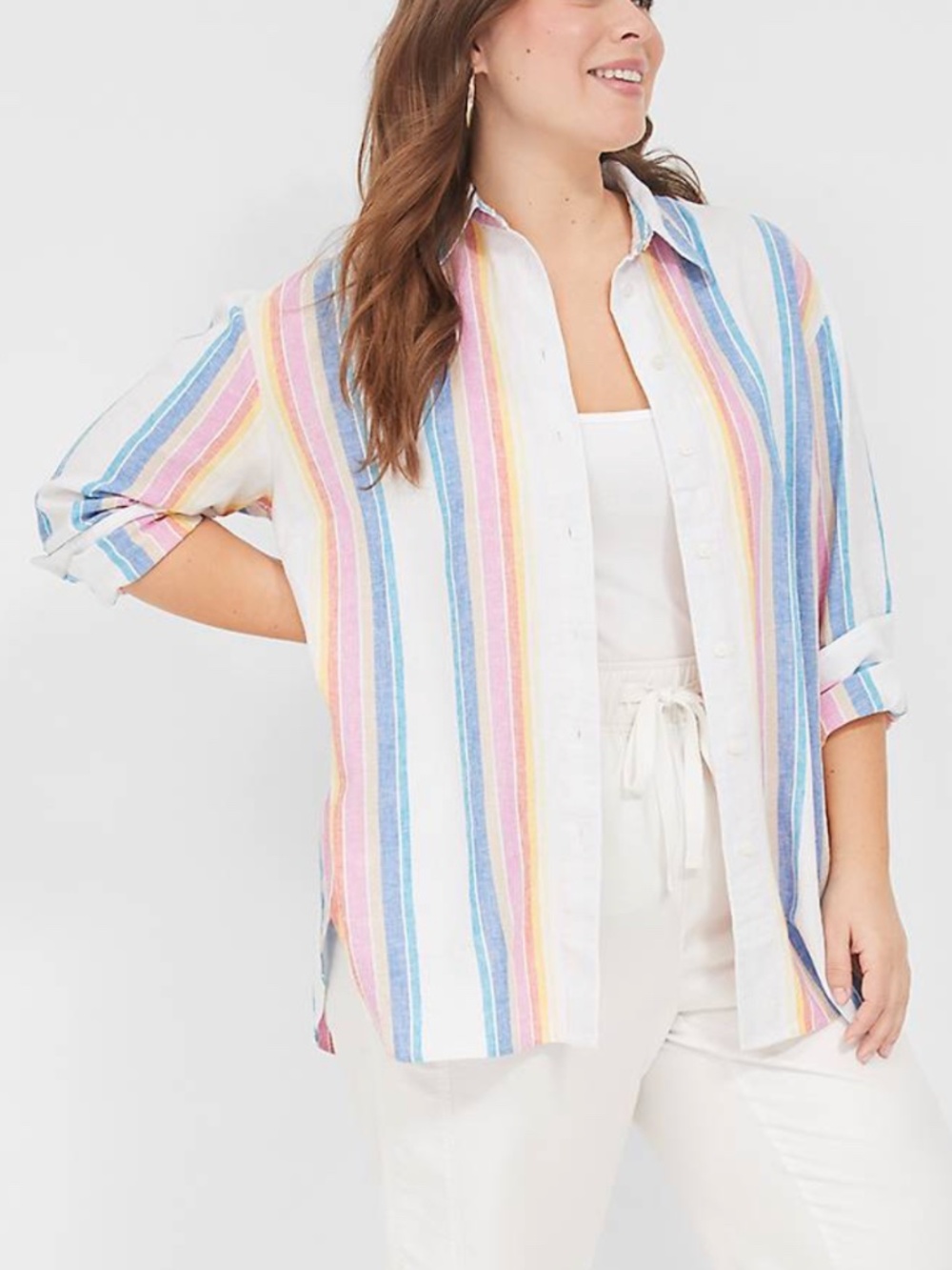 Lane Bryant - Relaxed Linen Stripe Colorful Button-Down Long Sleeve Shirt - 1X